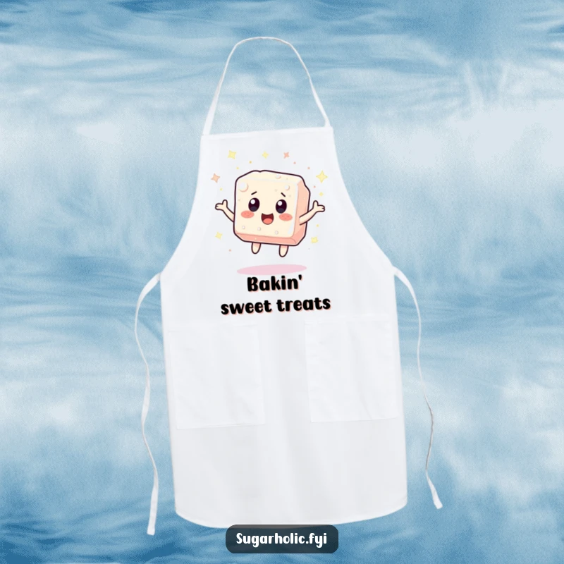 Funny sugar cube character bouncing with excitement, surrounded by sparkles, featured on a foodie apron, ideal for cooking with sweet, humorous flair.