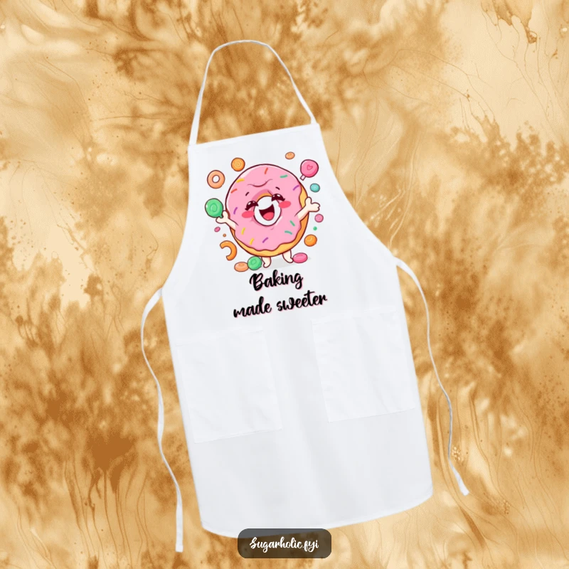 Funny donut apron showing a smiling character joyfully juggling colorful candy, hilarious kitchen wear for baking parties and dessert enthusiasts.