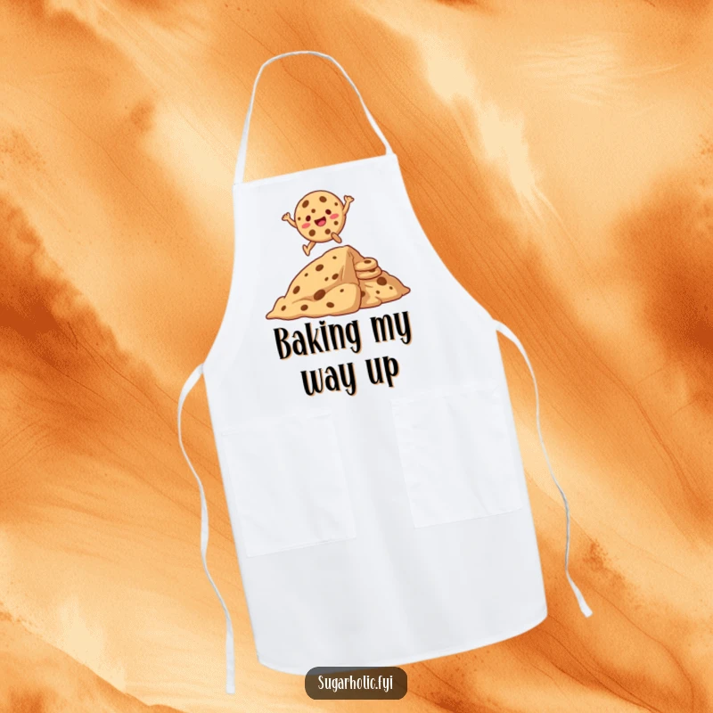 Funny apron featuring a giggling cookie character energetically jumping over a mountain of cookies, perfect for a playful cook.