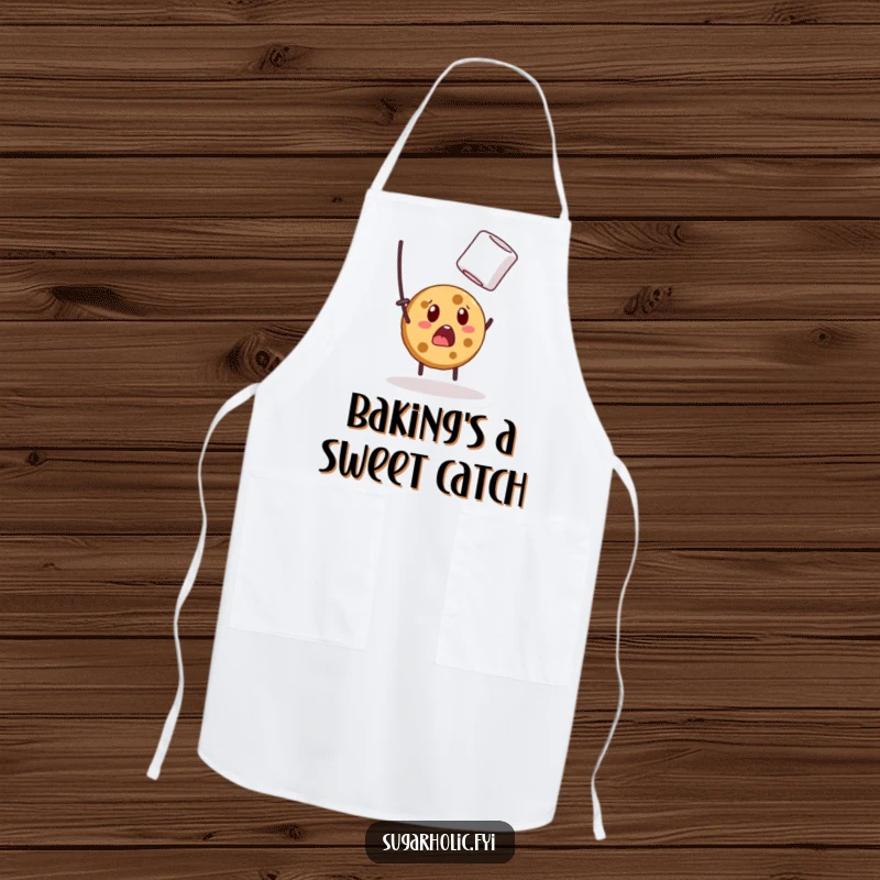 Funny apron featuring a surprised cookie character in a comical state of surprise while dealing with a floating marshmallow.