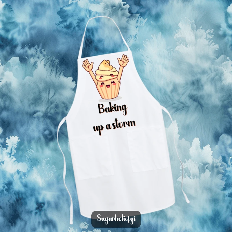 Funny cupcake and gummy bear high-fiving, a humorous and practical apron for the kitchen.
