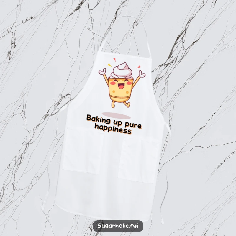 Funny Pie Apron: A cheerful pie character in a celebratory jump, perfect for kitchen adventures with a zest for life.