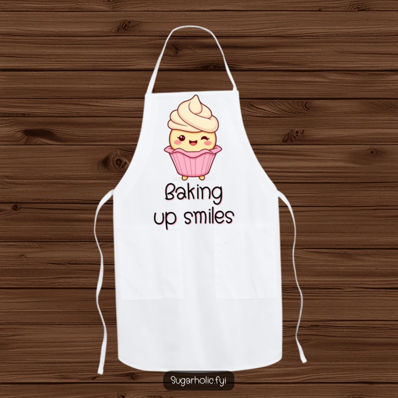 Funny cupcake character with frosting gleefully wiggling its wrapper on a kitchen apron, bringing humor and sweetness to cooking, a funny gift.