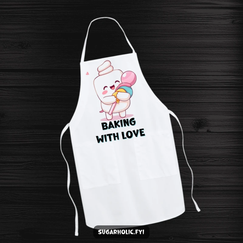 Funny apron featuring an ecstatic anthropomorphic marshmallow character hugging a giant lollipop, perfect for adding sweet humor to cooking.