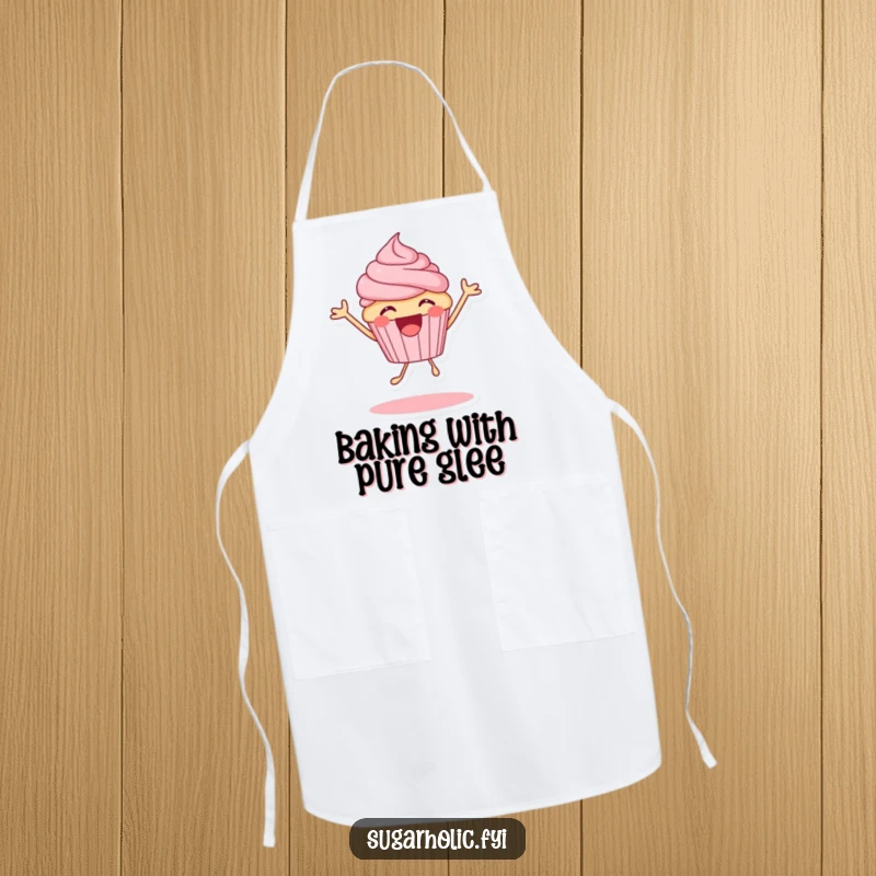 Funny cupcake character bouncing with excitement, a humorous kitchen apron for cheerful cooks, a delightful gift.