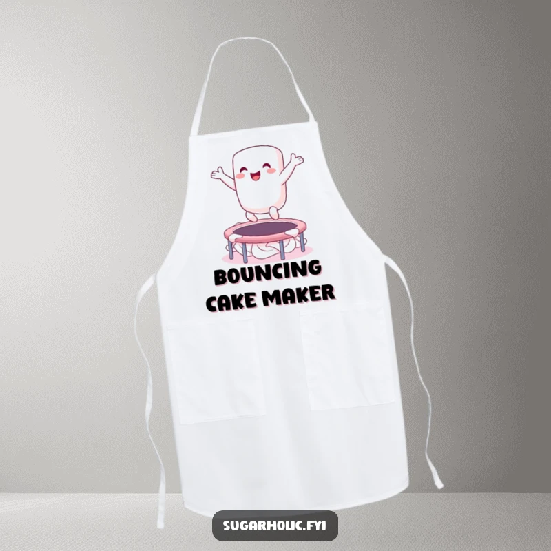 Funny apron depicting an ecstatic marshmallow character bouncing on a whipped cream trampoline, perfect for playful and joyful cooking sessions.