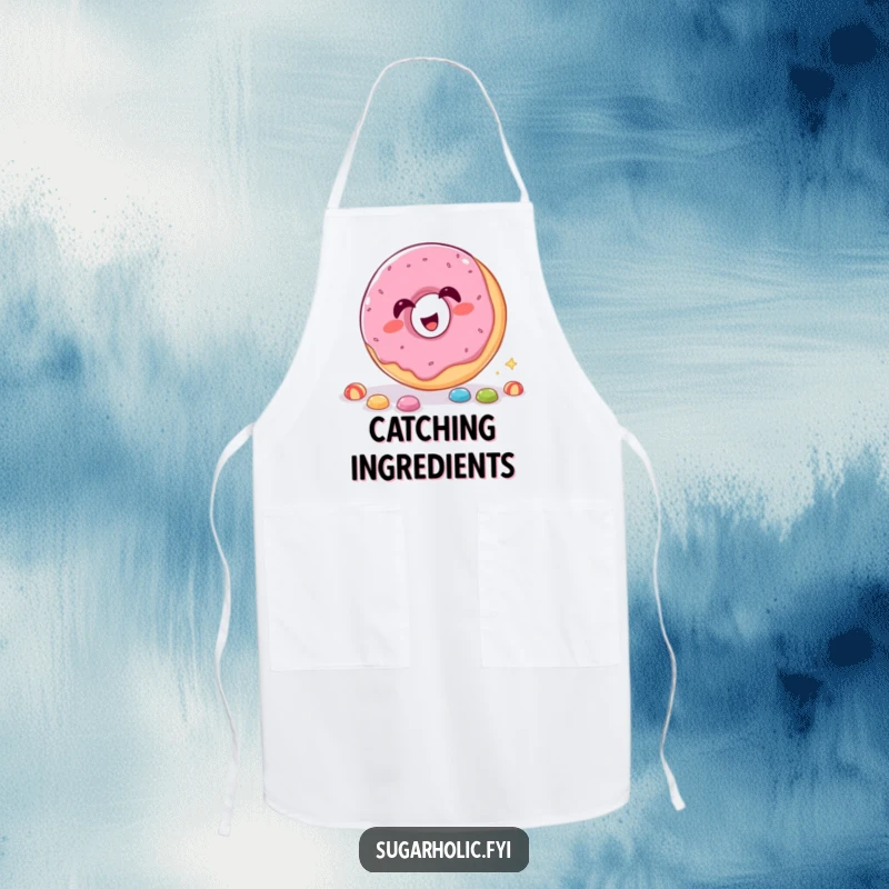 Funny Apron featuring a giggling donut humorously catching candy pieces through its hole.