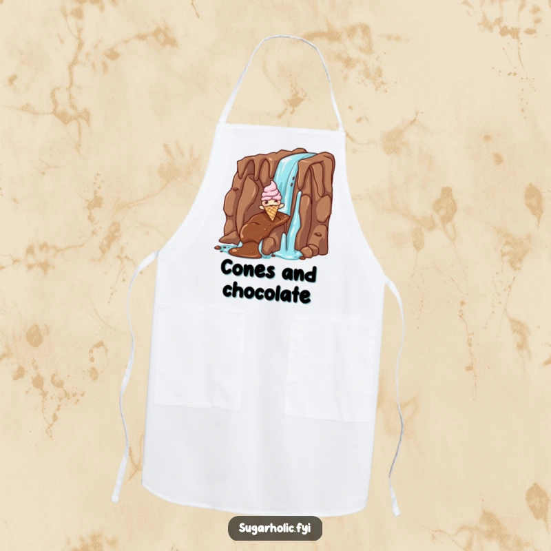 Funny ice cream cone apron showing a giddy character sliding down a chocolate waterfall, hilarious kitchen wear for parties and dessert enthusiasts.