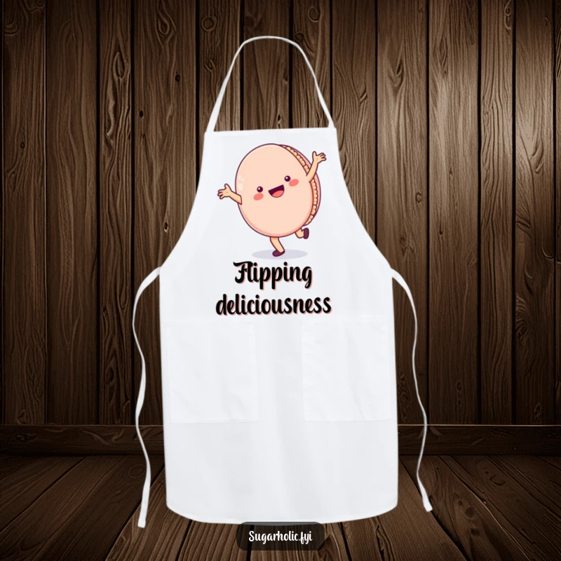 Funny Apron: A kitchen apron adorned with a cheerful macaron character doing a cartwheel with a wide smile, making cooking more fun.