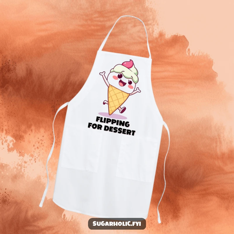 Funny ice cream cone character doing a cartwheel, designed on a humorous and practical apron for kitchen fun.