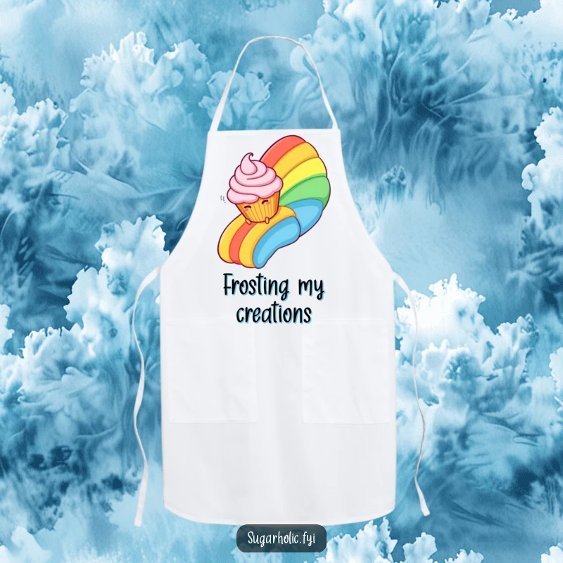 Funny Apron depicting a giggling cupcake character sliding down a vibrant rainbow made of smooth, delicious frosting.