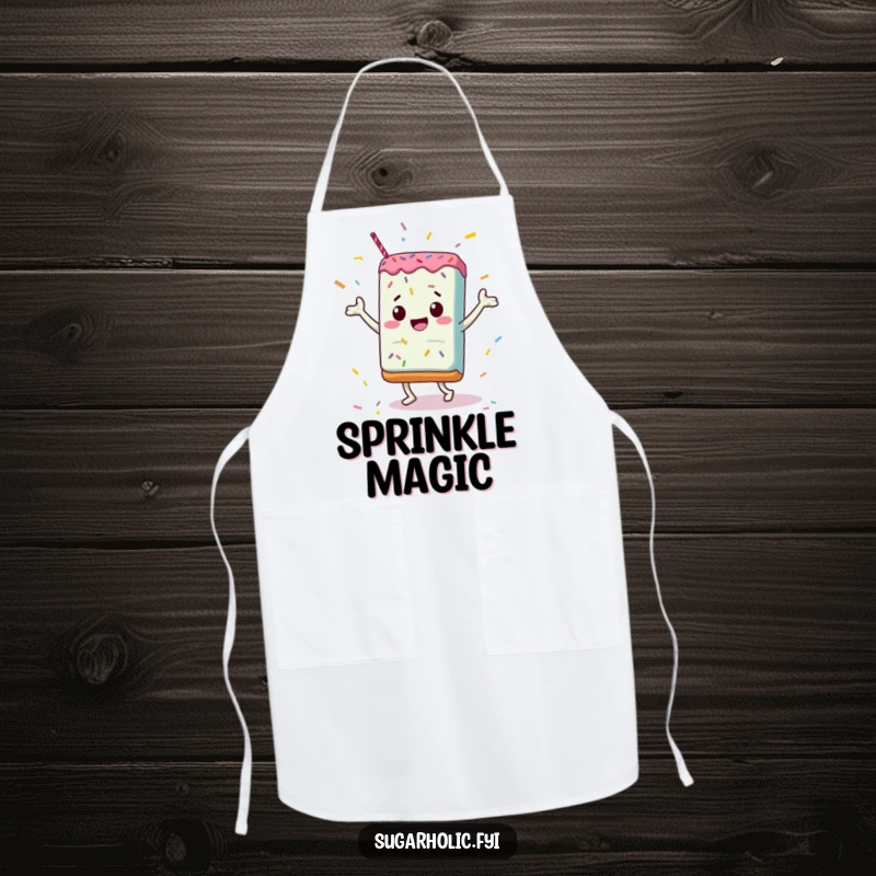 Funny Apron: A candy bar dancing amidst sprinkles, a humorous and practical kitchen accessory for sweet treat lovers.