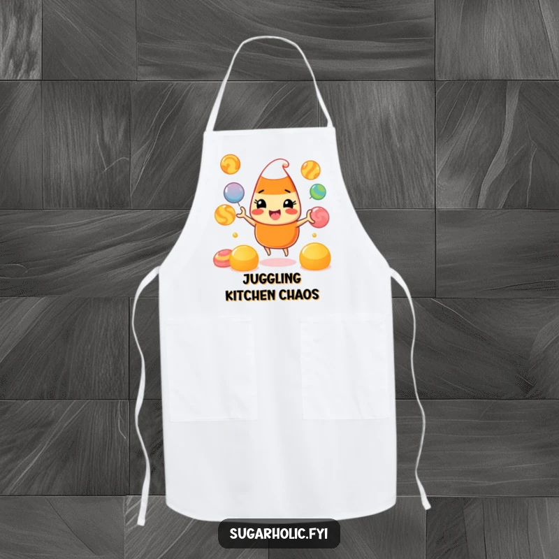 Funny Apron: A kitchen apron adorned with a beaming candy corn character juggling colorful gumdrops, making cooking tasks more enjoyable.