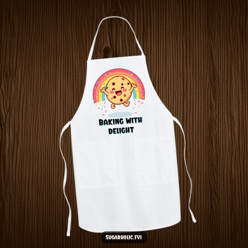 Funny cookie apron showing a happy character leaping through a rainbow of sprinkles, hilarious kitchen wear for bakers who love joy and fun.