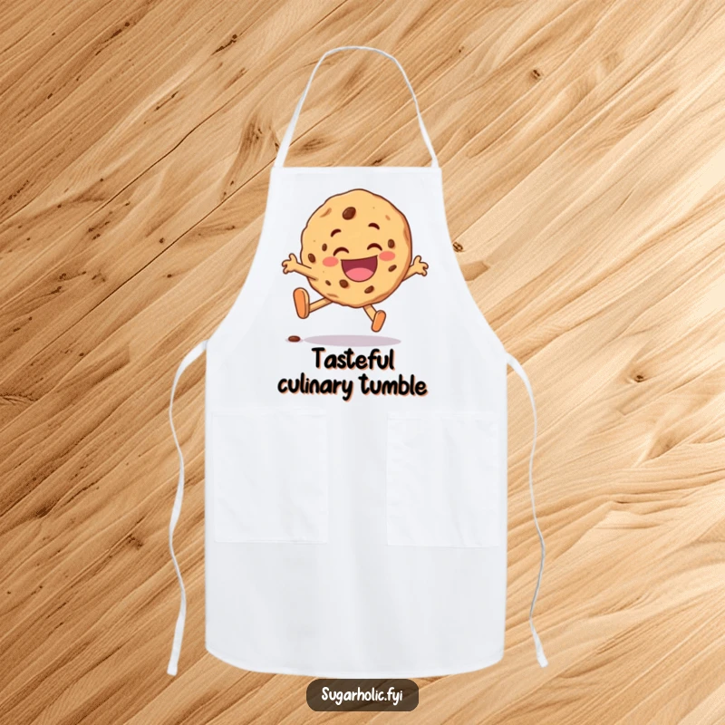 Funny cookie character apron, comically tripping but landing with a delighted grin, designed for kitchen fun with cheerful art.