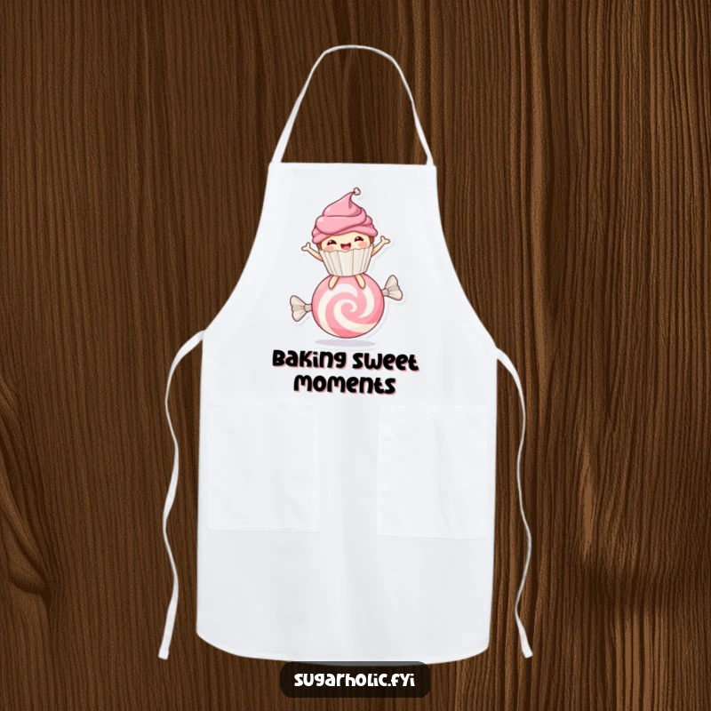 Funny cupcake character bouncing on a candy, kitchen apron for joyful baking and cooking.