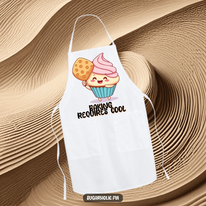 Funny cupcake character fanning with a wafer, featured on a functional apron for humorous kitchen sessions.