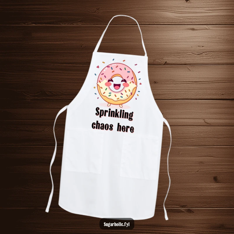 Funny Apron showcasing a laughing donut character juggling colorful sprinkles, ready for sweet culinary adventures.