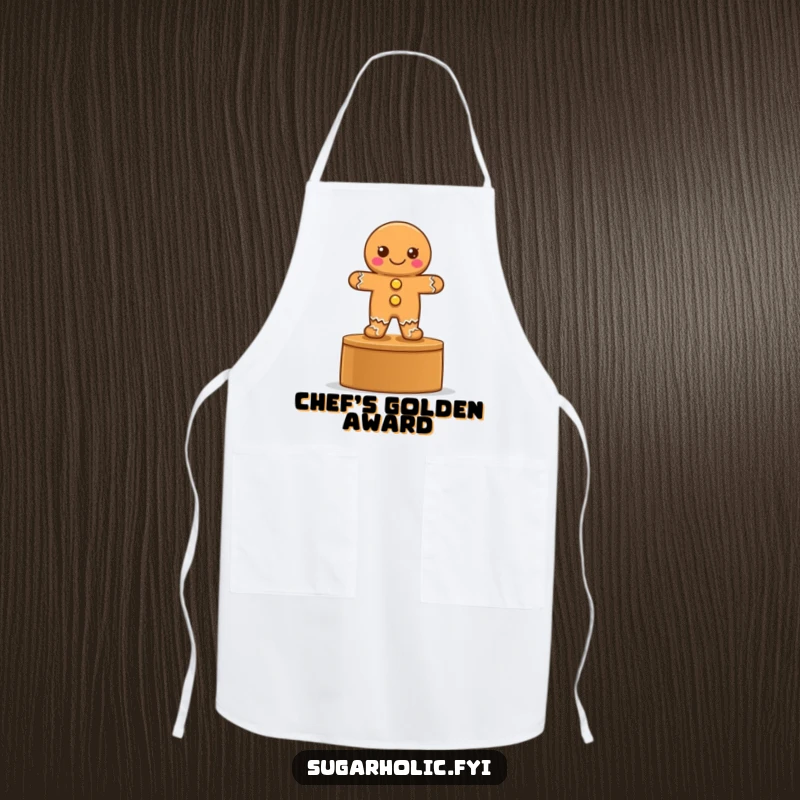 Funny apron featuring a proud gingerbread cookie with button eyes on a podium, designed for winning cooks.