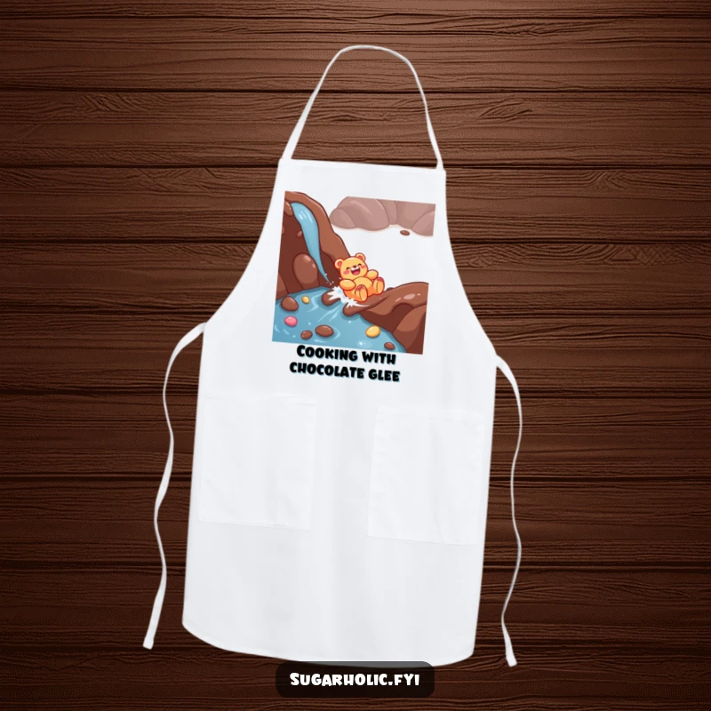 Funny Gummy Bear Apron: A giggling character enjoying a chocolate river slide, perfect for kitchen adventures with a smile.