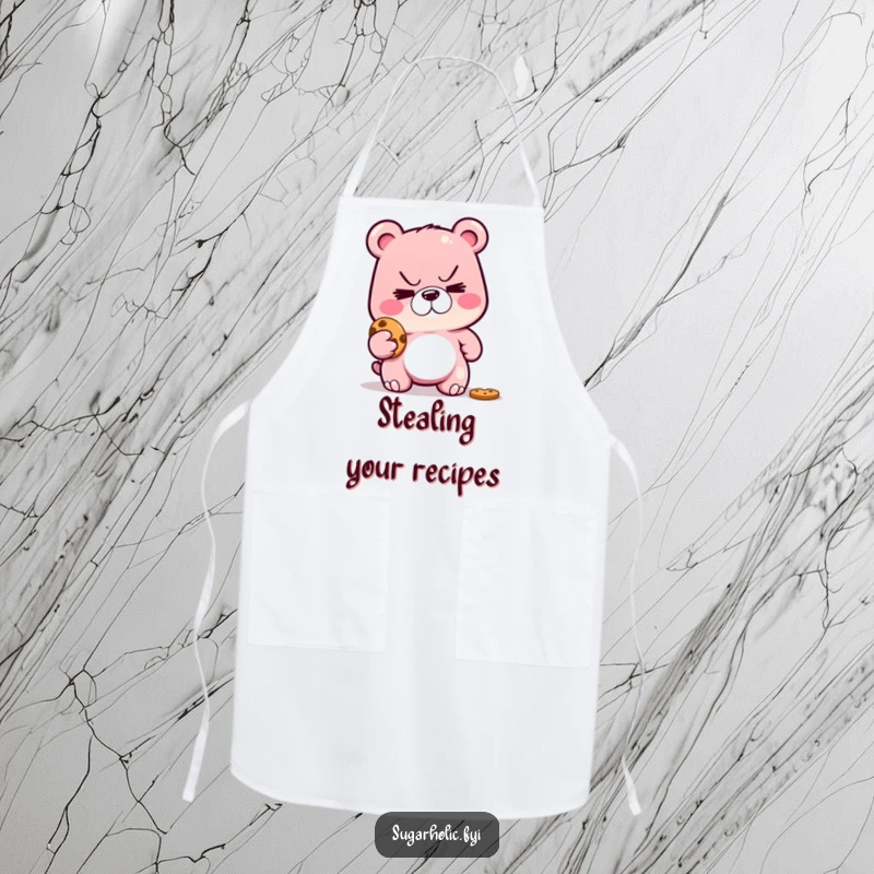 Funny apron showing a sly gummy bear with a mischievous grin, attempting to steal a cookie while you bake.
