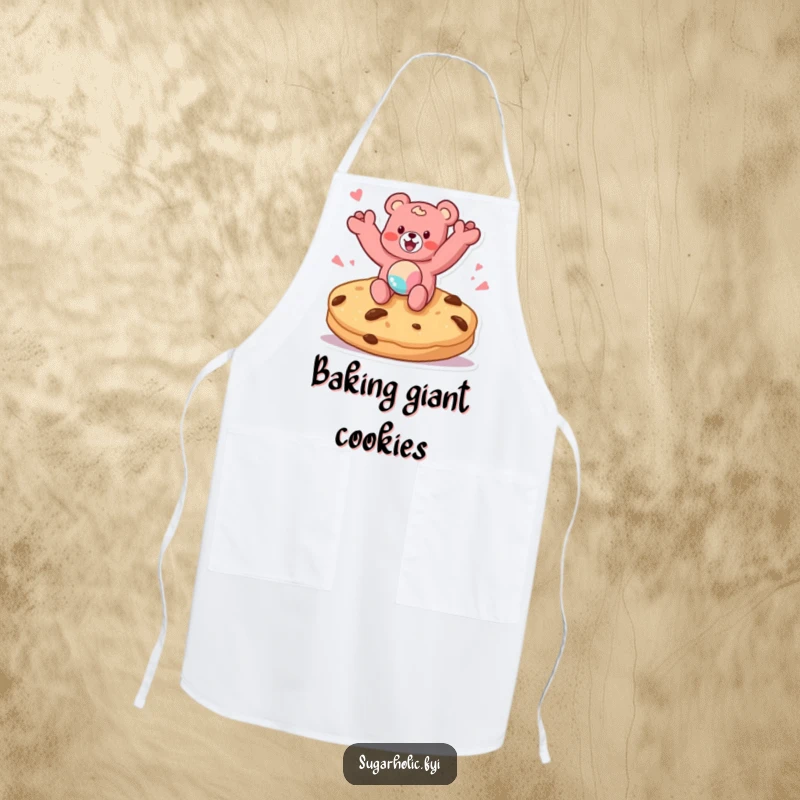 Funny apron showing a gummy bear character jumping on a giant cookie, adding playful and sweet vibes to cooking and baking.