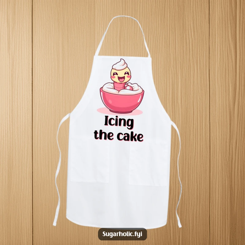 Funny Apron featuring a delighted gummy worm playfully slithering through a bowl of icing.