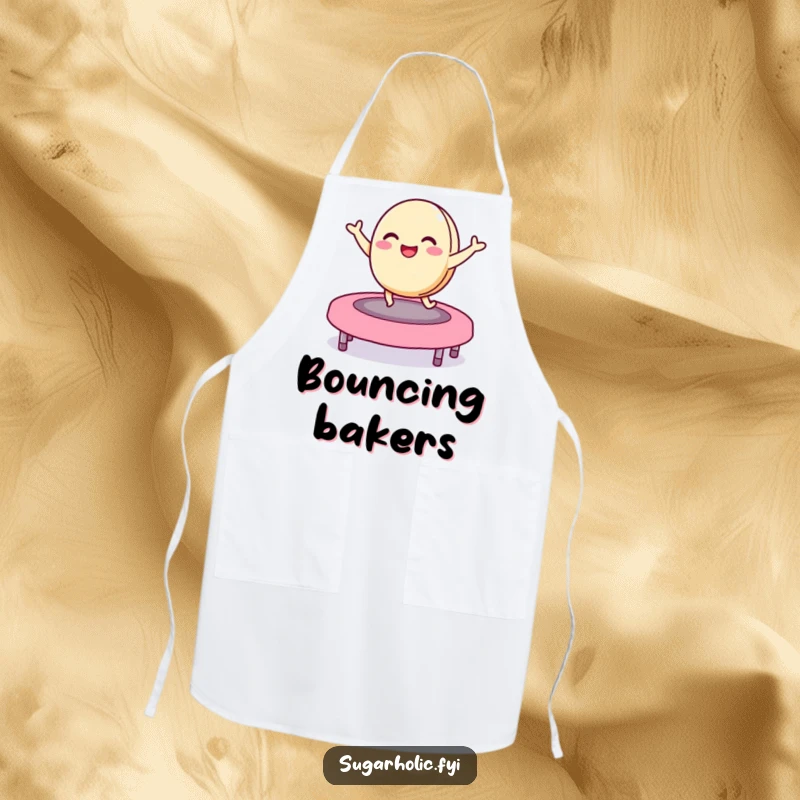 Funny macaron apron showing a delighted character bouncing on a jelly bean trampoline, hilarious kitchen wear for parties and playful bakers.