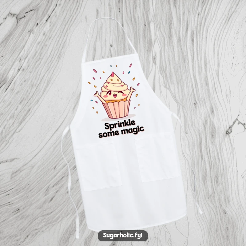 Funny Apron: A winking cupcake character reaching joyfully for sprinkles, adding a fun, sweet touch to baking.