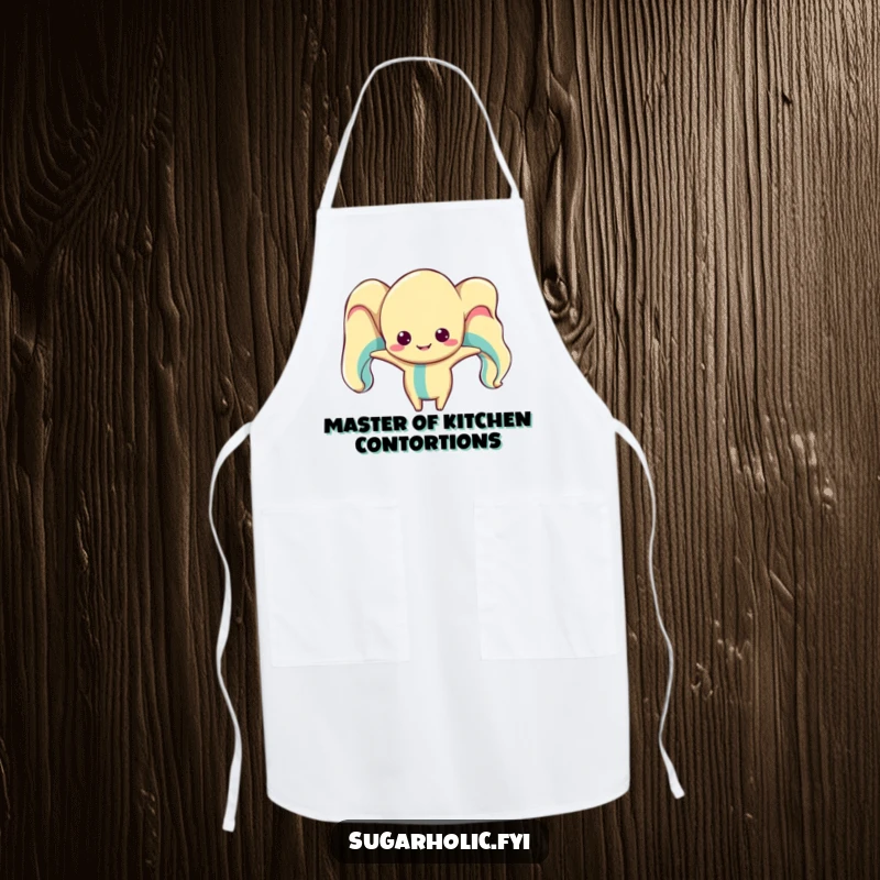 Funny taffy character apron, comically distorted from stretching, designed for kitchen fun with a silly, stretchy motif.