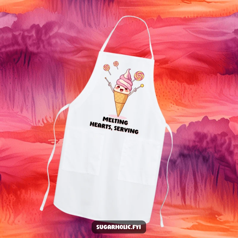 Funny giggling ice cream cone juggling three flying lollipops with its cone, a humorous and practical kitchen apron.