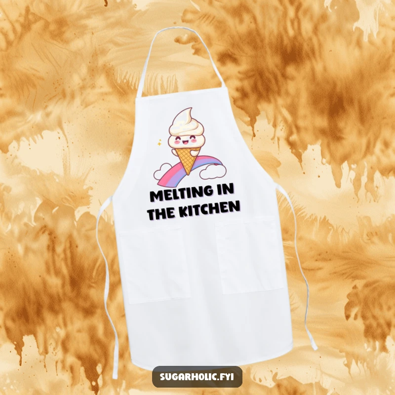 Funny Apron showcasing a gleeful ice cream cone character sliding down a rainbow, ready for kitchen adventures.