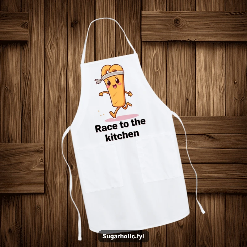 Funny apron featuring a determined pretzel stick with a sweatband, running a race, designed for energetic cooking.