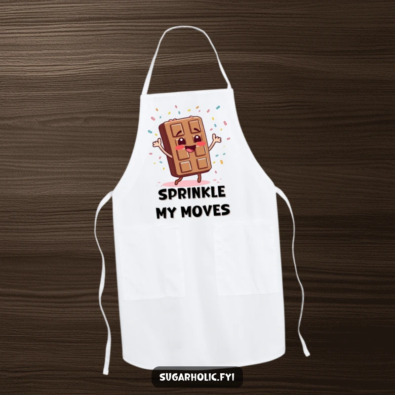 Funny chocolate bar character performing a lively dance with candy sprinkles flying, a cheerful and funny apron for cooking.