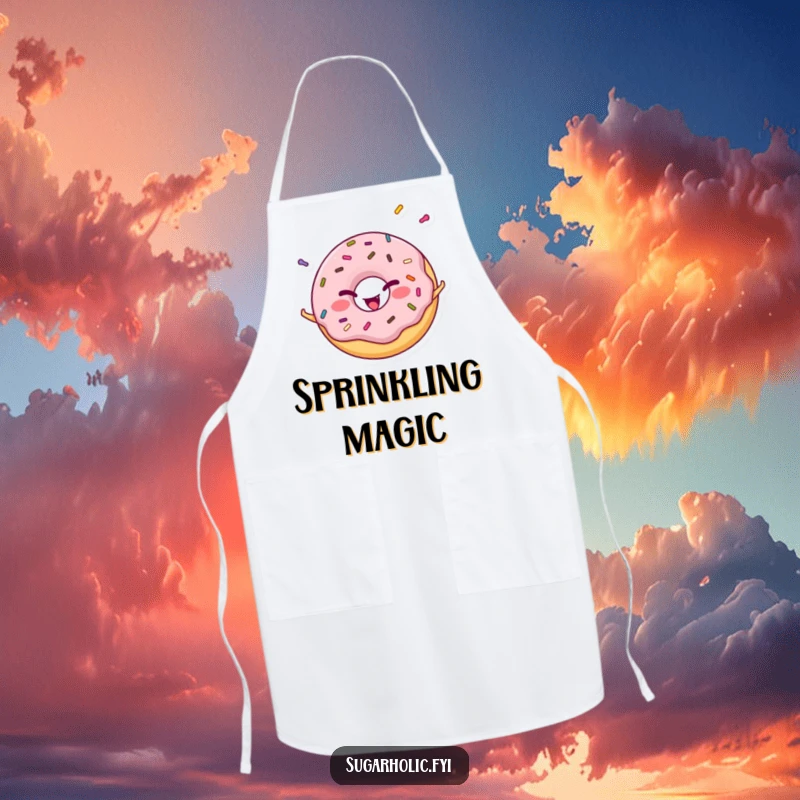 Funny cheerful donut character winking while juggling colorful sprinkles, a humorous and functional kitchen apron.
