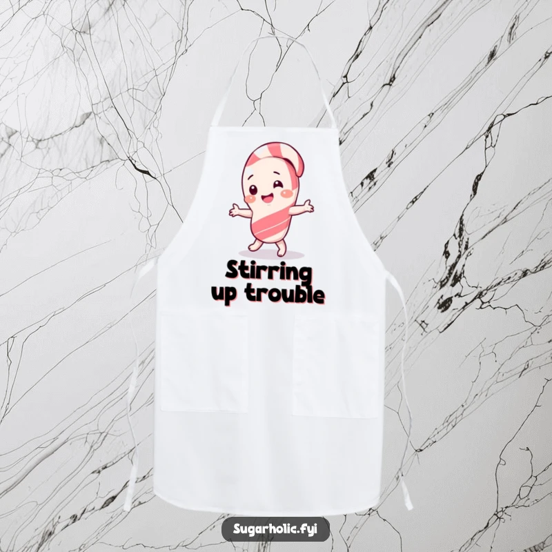 Funny Apron showcasing a giggling candy cane character doing a silly dance, ready for kitchen festivities.
