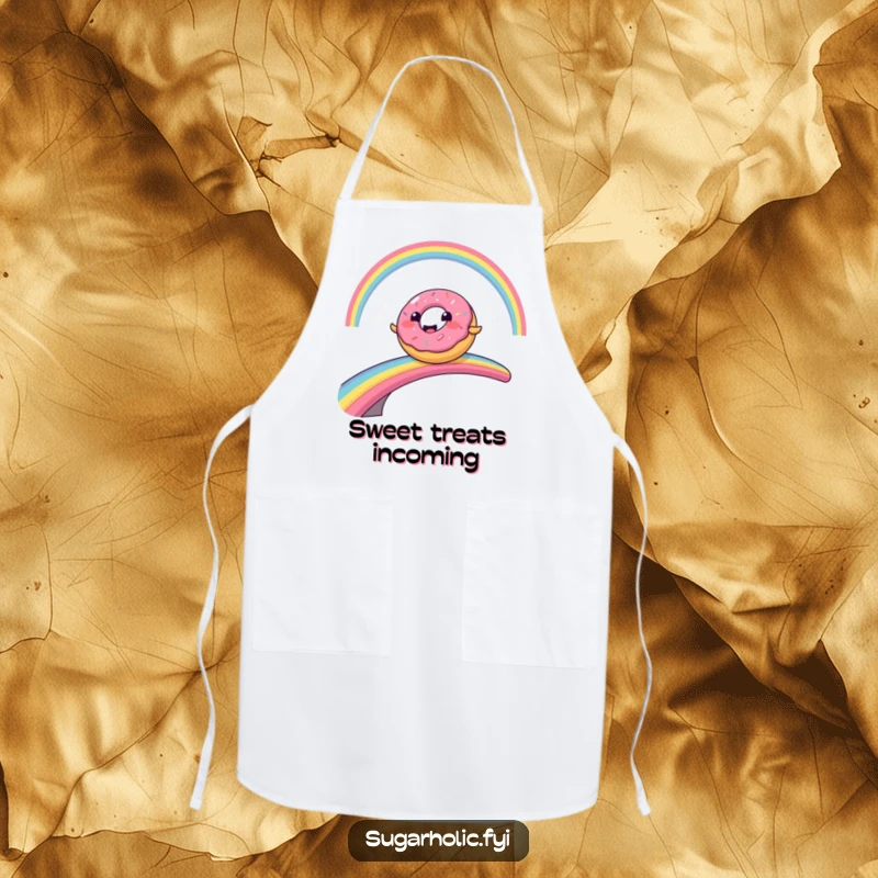 Funny cartoon donut character comically sliding across a rainbow bridge, a humorous and practical kitchen apron.