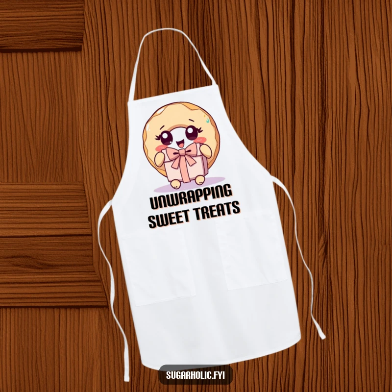Funny donut character with wide eyes, excitedly unwrapping a present on a humorous and practical apron.