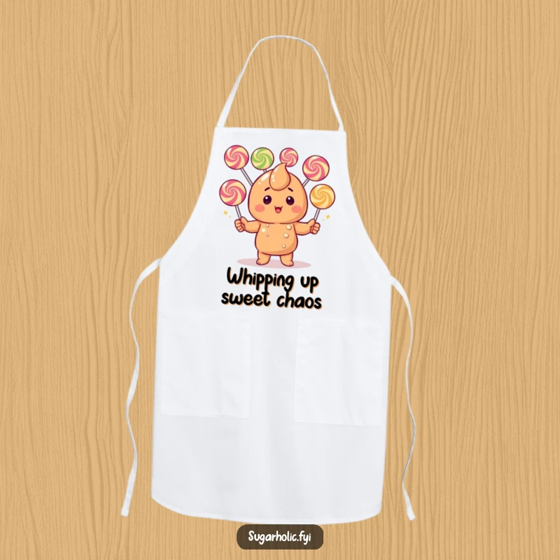 Funny Caramel Candy Apron: A blushing character humorously juggling gumdrops, perfect for kitchen adventures and laughs.