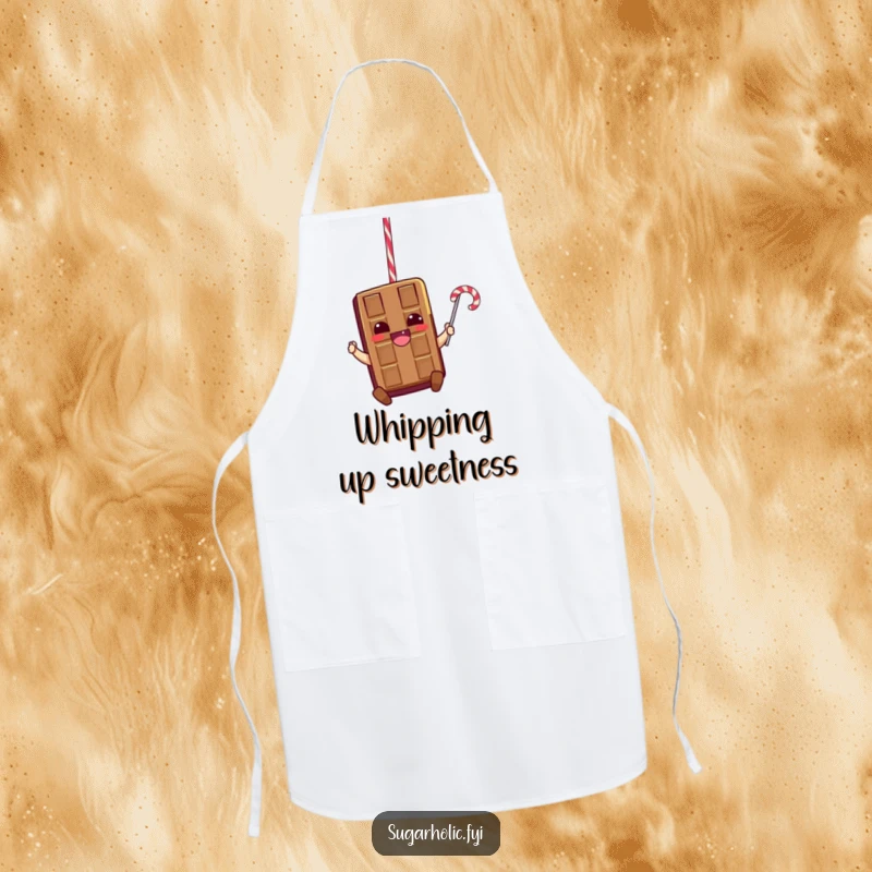 Funny apron depicting a thrilled chocolate bar character swinging from a licorice rope, ideal for making cooking and baking an exciting affair.