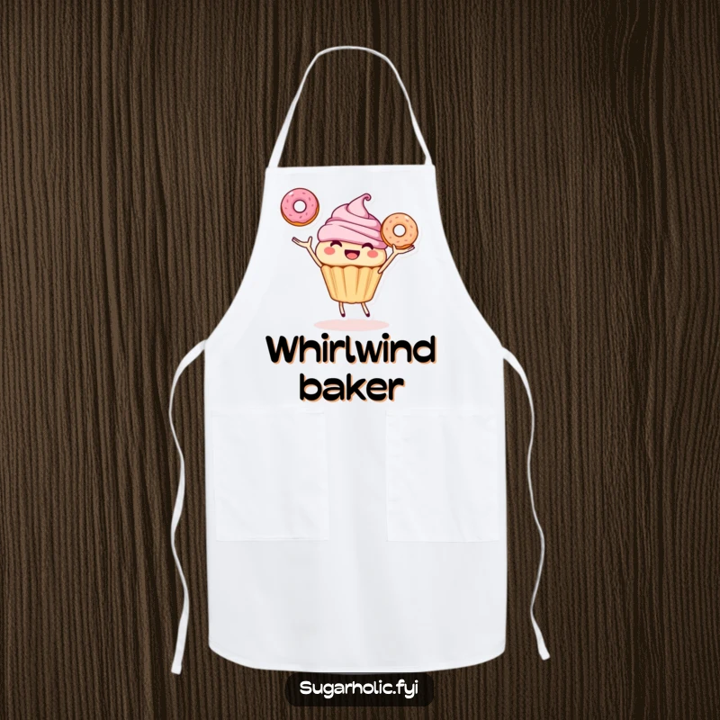 Funny apron featuring a smiling cupcake character joyfully juggling three donuts, perfect for cooking with sweet, humorous flair.