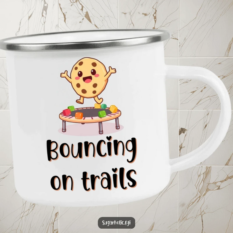 Funny Camping Mug with a playful cookie character bouncing on a gummy bear trampoline, designed for energetic outdoor moments.