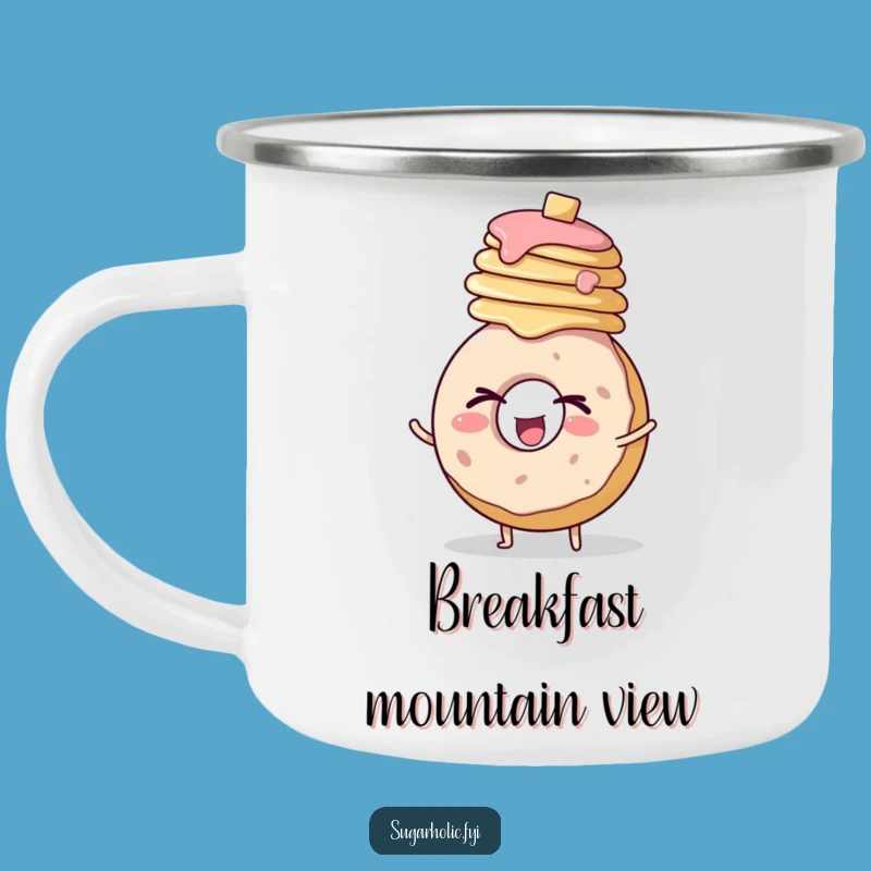 Durable Funny Donut Pancake Wink Camping Mug: Enthusiastic Outdoor Breakfast Gift