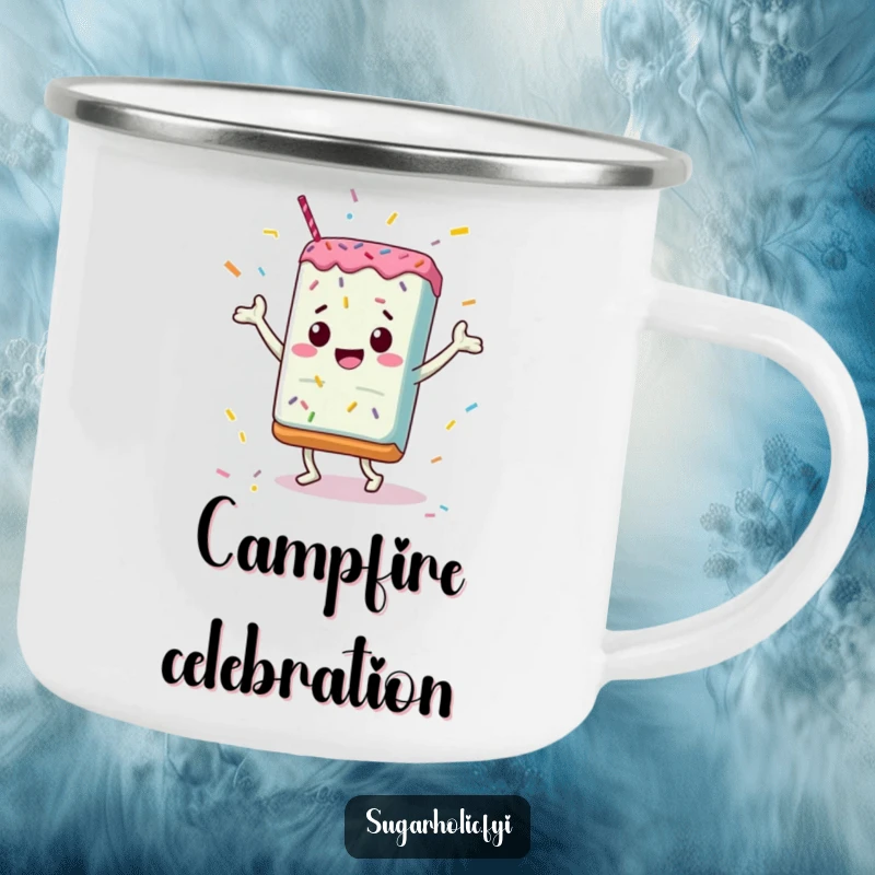 Funny Camping Mug: A candy bar dancing with sprinkles, perfect for sharing a smile on outdoor excursions with a festive theme.