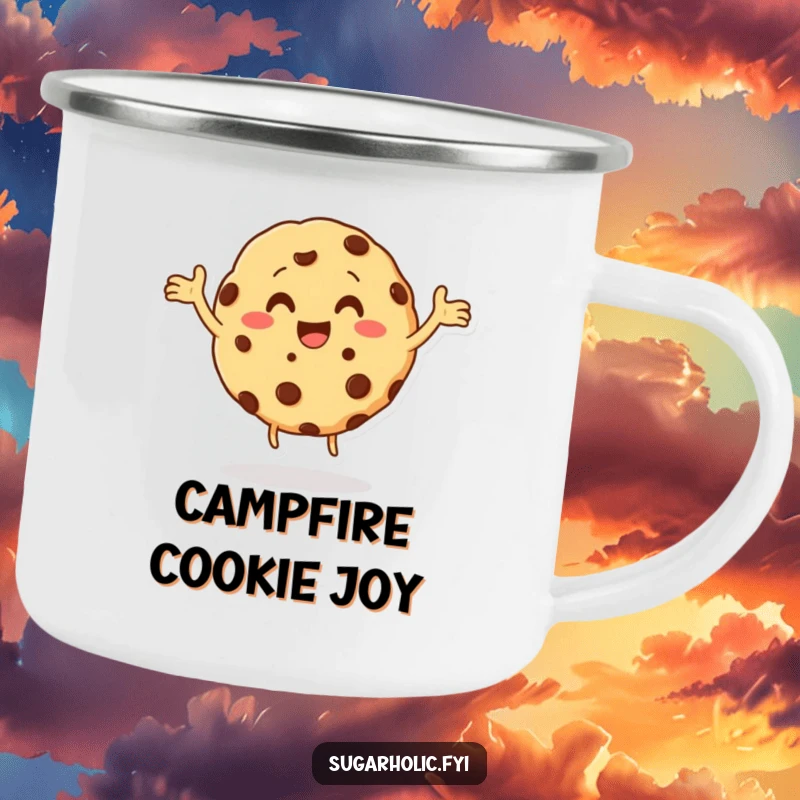 Funny cookie character with chocolate chips doing a happy dance on a rugged camping mug, ideal for adventures and a funny gift.