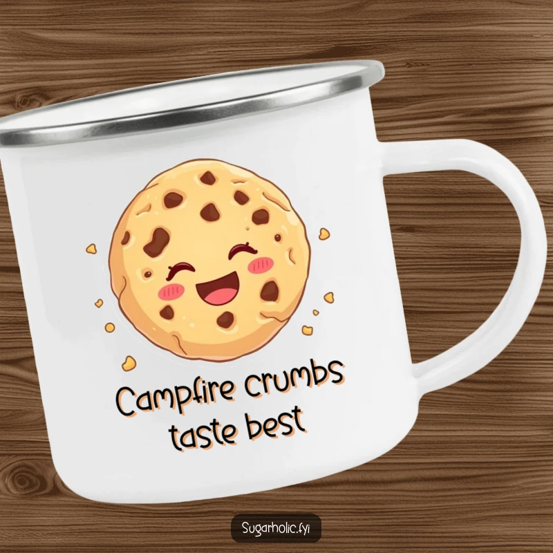 Funny cookie crumble camping mug, a sturdy enamel cup with a cartoon cookie cheerfully crumbling, perfect for outdoor trips and humor.