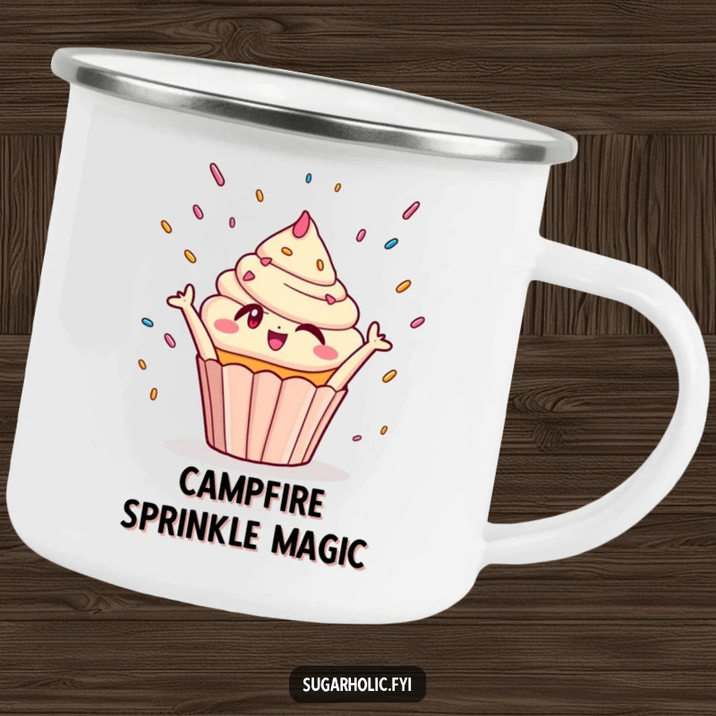 Funny Camping Mug: Winking cupcake character joyfully reaching for sprinkles, perfect for enjoying sweet moments outdoors.