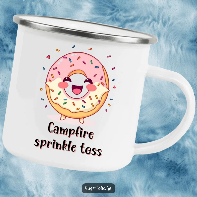 Funny Camping Mug featuring a laughing donut character juggling colorful sprinkles, bringing cheer to outdoor settings.