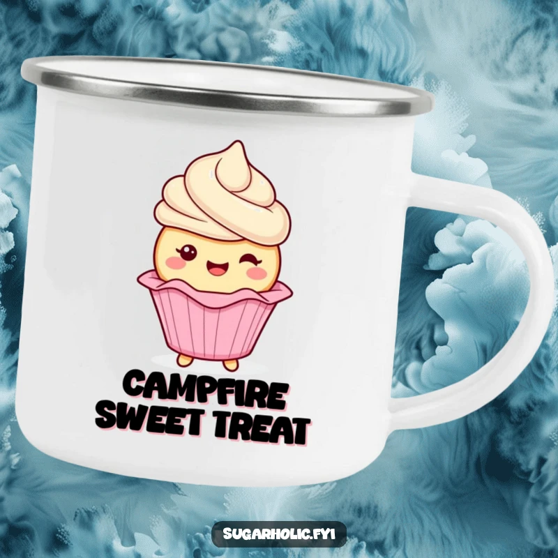 Funny cupcake character with frosting gleefully wiggling its wrapper on a durable camping mug, ideal for outdoor enjoyment, a funny gift.