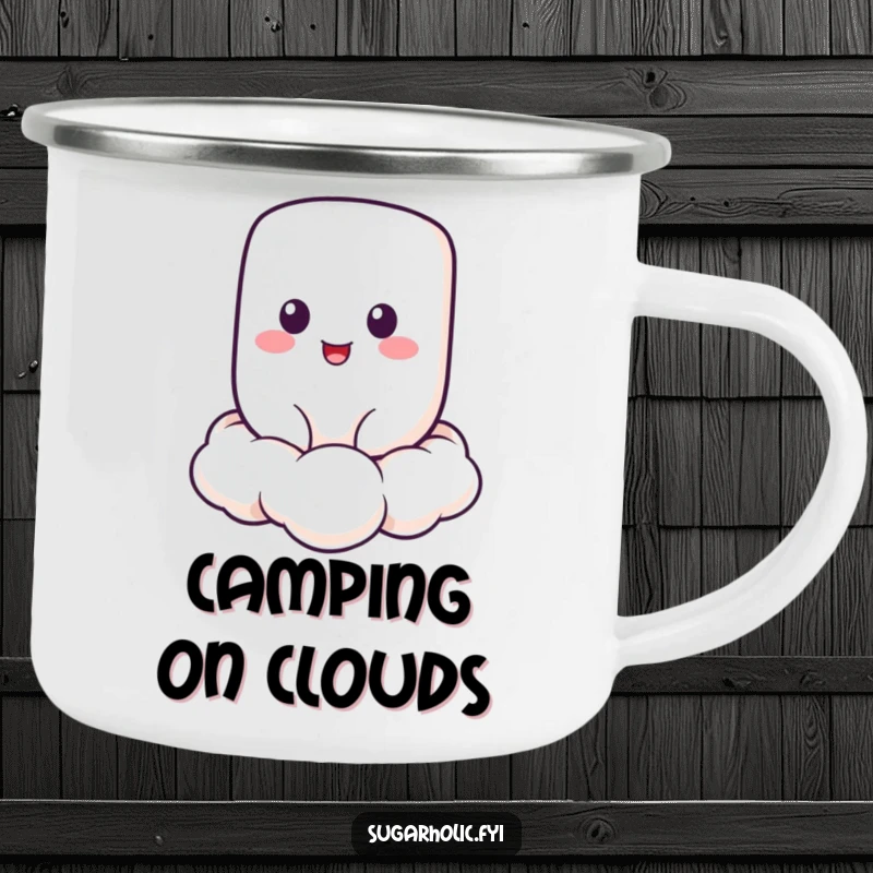 Funny Marshmallow Camping Mug with a cheerful marshmallow character floating on a cloud, a cozy and funny outdoor gift.